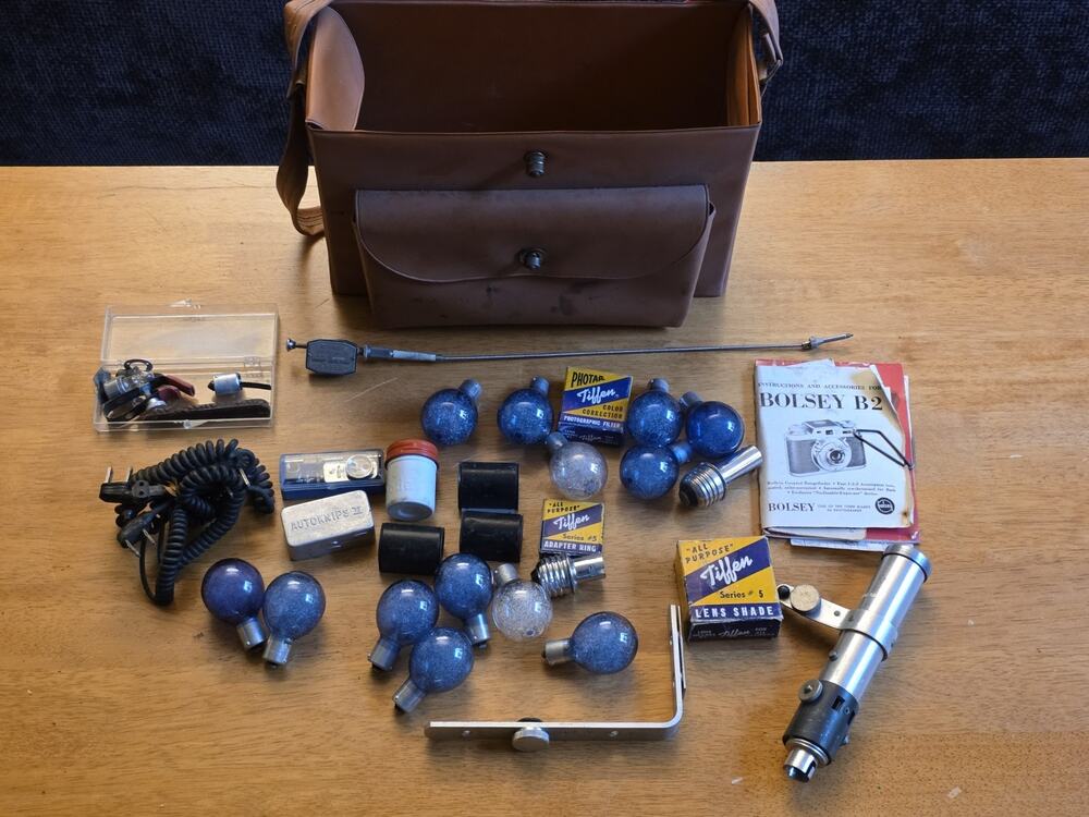 Vintage Bolsey B2 Camera Parts/ Accessories Lot, Blue Bulbs, Manual, RARE PARTS